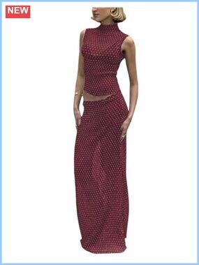 Polka Dots 2 Piece Skirt Set Sheer Mesh High Neck Crop Tank Maxi Y2K